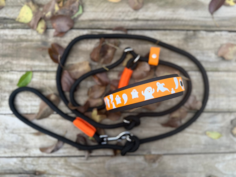 Black dog leash with orange and white pattern on a wooden surface with leaves. Halloween dog set